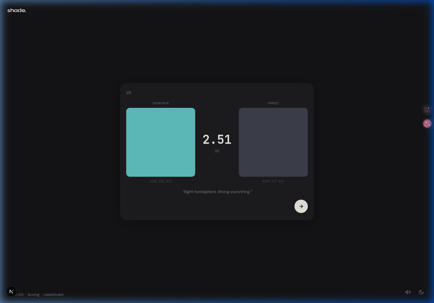 Dialed GG games final results screen — score breakdown with color comparison swatches